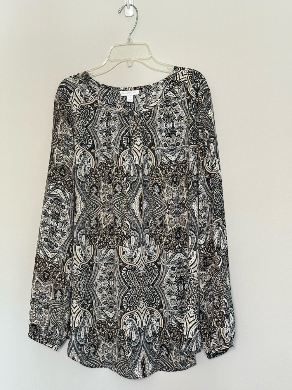 Charter Club Black and Cream Paisley Long-Sleeve Blouse Keyhole Neckline Size L